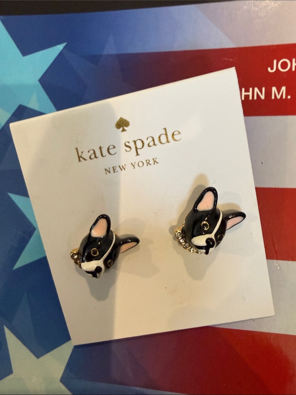 kate spade Black & White Puppy Head Stud Earrings with Gold Accents